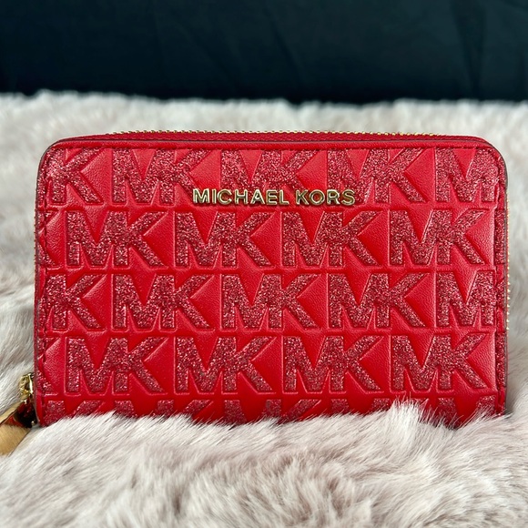 Michael Kors Glitter Crimson Red Wallet Jet Set Zip Around Card Holder | NWOT - Picture 1 of 11